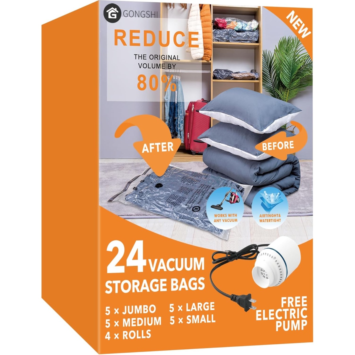 GONGSHI 24-pack vacuum storage bags with electric pump