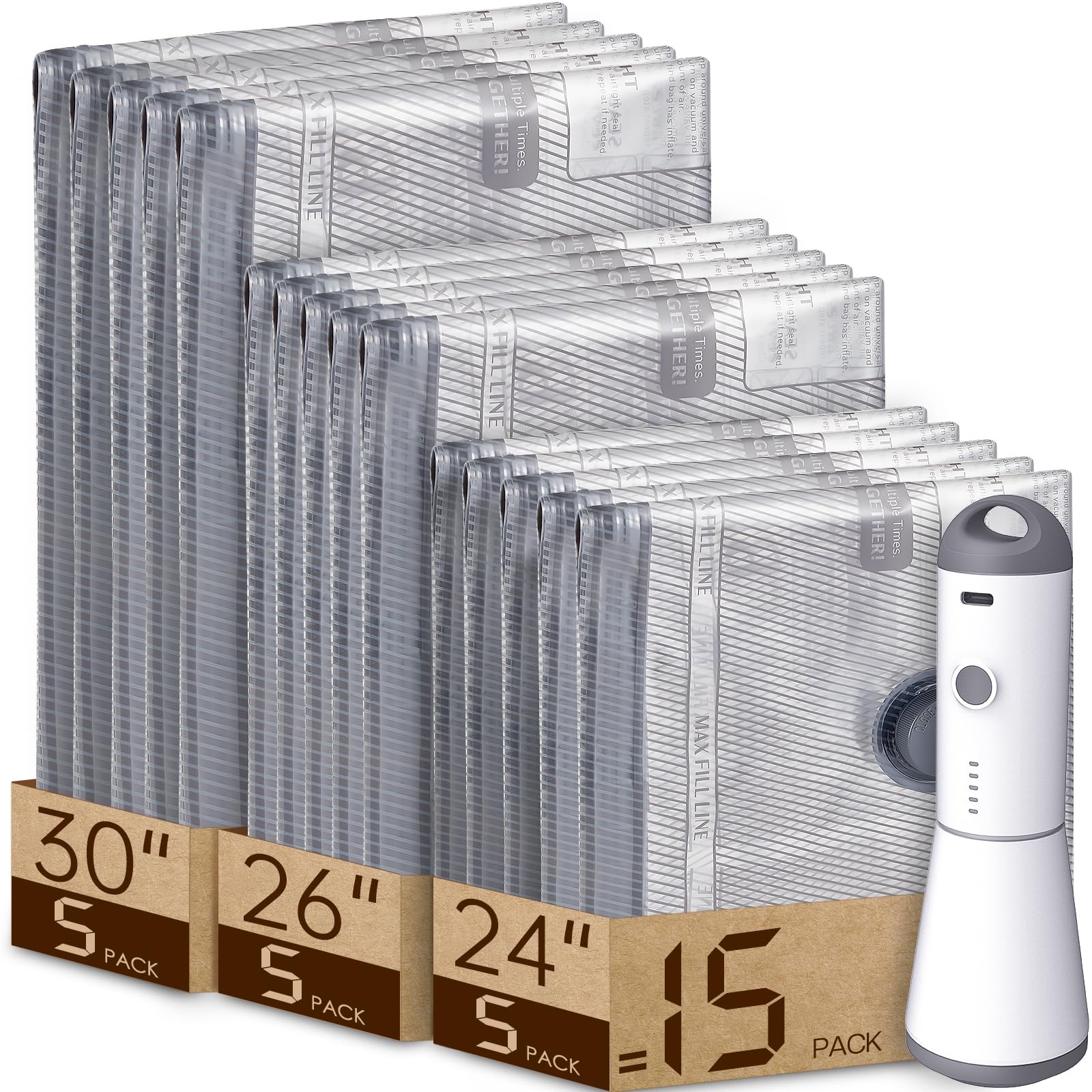 Vacbird 15-pack vacuum storage bags with rechargeable pump